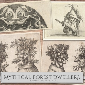 May include: A collection of five vintage illustrations depicting mythical forest dwellers. The illustrations are in black and white and feature a variety of creatures, including a dragon, a gnome, and a tree spirit. The illustrations are titled "Mythical Forest Dwellers Vintage Ephemera in JPG".