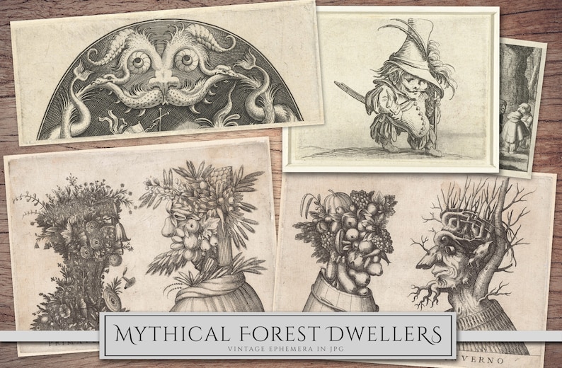 May include: A collection of five vintage illustrations depicting mythical forest dwellers. The illustrations are in black and white and feature a variety of creatures, including a dragon, a gnome, and a tree spirit. The illustrations are titled "Mythical Forest Dwellers Vintage Ephemera in JPG".