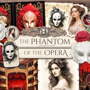 May include: A digital collage of images relating to the Phantom of the Opera. The collage includes a red rose, a white mask, a violin, a stage with red curtains, and a woman with long brown hair. The text "The Phantom of the Opera" is written in a decorative font.