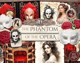 Puede incluir: Un collage digital de imágenes relacionadas con el Fantasma de la Ópera. El collage incluye una rosa roja, una máscara blanca, un violín, un escenario con cortinas rojas y una mujer con cabello largo y castaño. El texto "The Phantom of the Opera" está escrito en una fuente decorativa.