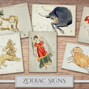 May include: Vintage illustrations of the zodiac signs, each depicting a constellation with its corresponding animal symbol. The signs include Aries, Taurus, Gemini, Cancer, Leo, Virgo, Libra, Scorpio, Sagittarius, Capricorn, Aquarius, and Pisces. The illustrations are in a classic style with detailed linework and vibrant colors.