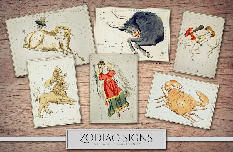 May include: Vintage illustrations of the zodiac signs, each depicting a constellation with its corresponding animal symbol. The signs include Aries, Taurus, Gemini, Cancer, Leo, Virgo, Libra, Scorpio, Sagittarius, Capricorn, Aquarius, and Pisces. The illustrations are in a classic style with detailed linework and vibrant colors.
