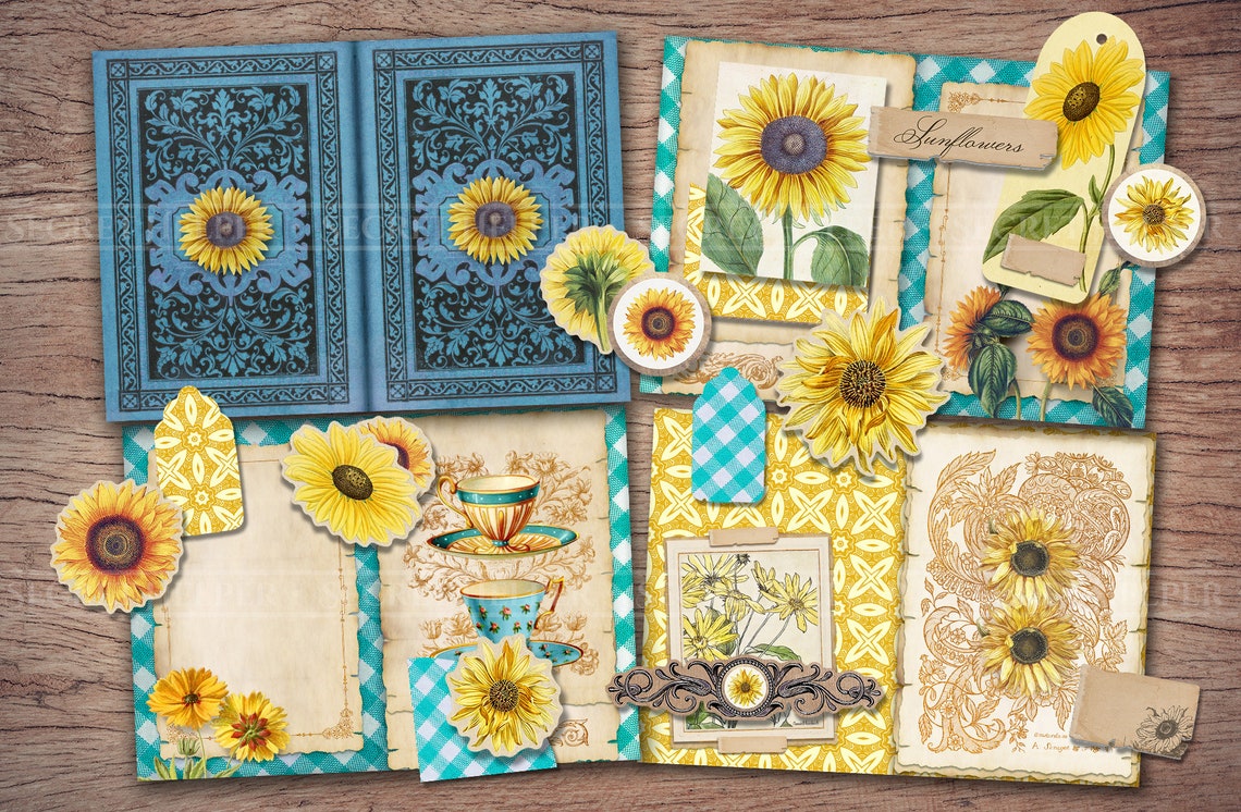 Sunflower Junk Journal Kit printable JPG Pages With Ephemera Etsy