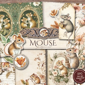 Mouse Junk Journal Kit (afdrukbare JPG-pagina's met kortstondige, tags), veldmuizen, natuur, blad, schattige slaapmuis digitaal papier, digitale download