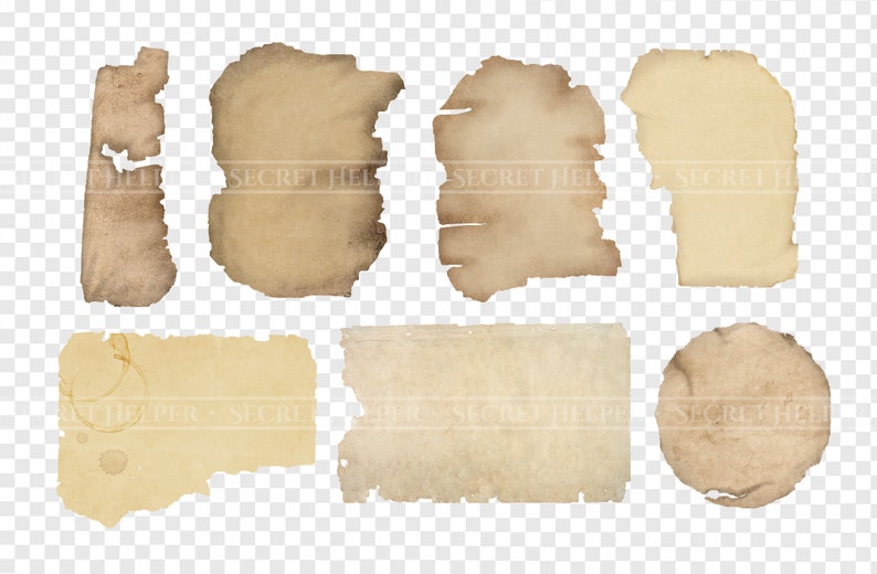 K&ouml;nnte beinhalten: Sieben St&uuml;cke gealtertes, zerrissenes und strukturiertes Papier in verschiedenen Formen und Gr&ouml;&szlig;en. Das Papier hat eine hellbraune Farbe und ist an den R&auml;ndern leicht gewellt.