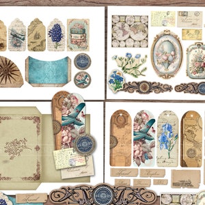 May include: A set of vintage-style digital scrapbook paper featuring a travel theme. The papers include images of airplanes, luggage, maps, flowers, and other travel-related elements. The papers are in shades of blue, brown, and cream.