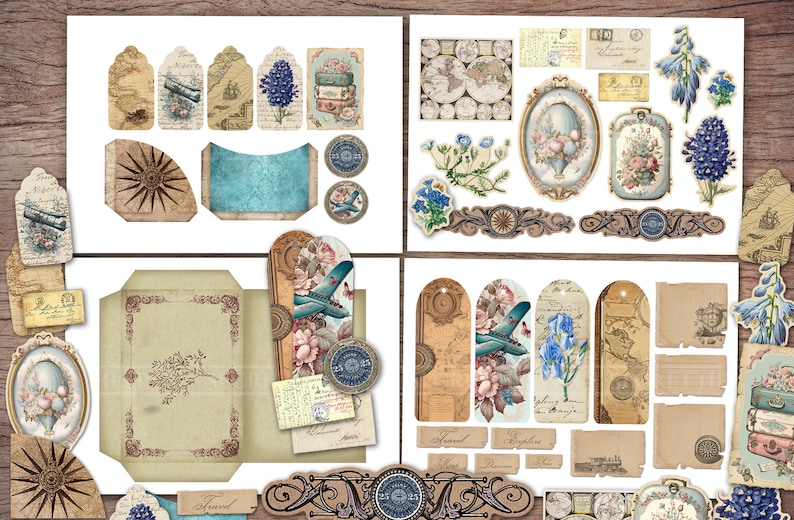May include: A set of vintage-style digital scrapbook paper featuring a travel theme. The papers include images of airplanes, luggage, maps, flowers, and other travel-related elements. The papers are in shades of blue, brown, and cream.