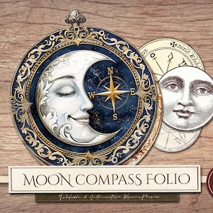 Kit de folio con brújula lunar (páginas JPG imprimibles con efímeras), miniproyecto de noche celestial, complemento para diario basura de círculo redondo, descarga digital