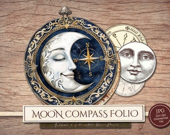 Moon Compass Folio Kit (druckbare JPG-Seiten mit Ephemera), Night Celestial Mini Project, Runder Kreis Junk Journal Add On, digitaler Download