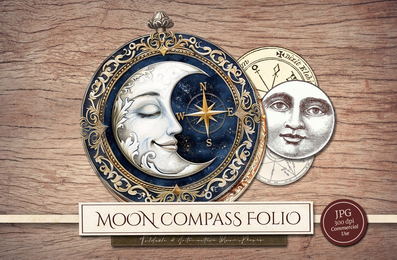 Moon Compass Folio Kit (printable JPG Pages With Ephemera), Night ...
