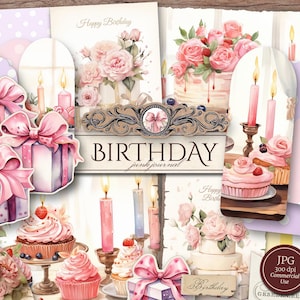 Birthday Junk Journal Kit (Printable JPG Pages with Ephemera, Fussy Cuts), DIY Card, Gift, Present, Cake Digital Paper, Digital Download