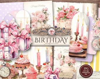 May include: A digital collage of birthday themed images, including presents, candles, cakes, flowers, and a clock. The images are in a vintage style with watercolour elements. The text "Birthday" is featured in a decorative font.