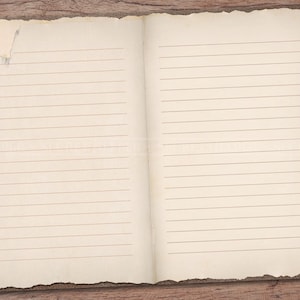 May include: An open notebook with lined pages, the pages are slightly yellowed and the edges are torn, the notebook is lying on a wooden surface.