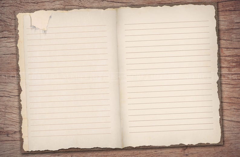 May include: An open notebook with lined pages, the pages are slightly yellowed and the edges are torn, the notebook is lying on a wooden surface.