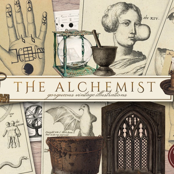 Alchemy Ephemera, Pages & Clip Art (PNG, JPG), Printable Alchemist Clipart, Gothic Sorcerer, Old Papers, Overlays, Instant Digital Download