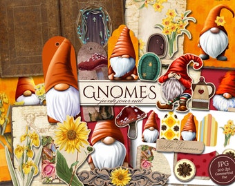Gnomes Junk Journal Kit (afdrukbare JPG-pagina's met ephemera, cover, tags, bladwijzers), bloemen, paddestoel, gnome digitaal papier, digitale download