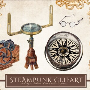 Op de afbeelding: Steampunk clipart met vintage uurwerk en eclectische stukken. De afbeelding bevat een kompas, tandwielen, een houten kist met tandwielen, een ronde bril en een zakhorloge. Het kleurenpalet is voornamelijk bruin en goud.