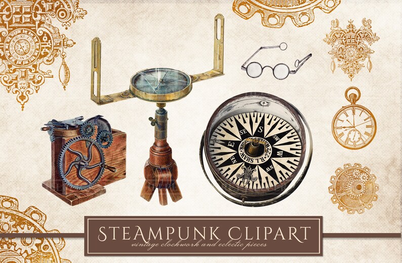 Op de afbeelding: Steampunk clipart met vintage uurwerk en eclectische stukken. De afbeelding bevat een kompas, tandwielen, een houten kist met tandwielen, een ronde bril en een zakhorloge. Het kleurenpalet is voornamelijk bruin en goud.