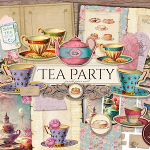 Tea Party Junk Journal Kit (páginas JPG para impressão com coisas efêmeras, capa, etiquetas), Shabby Chic, chá da tarde, papel digital, download digital