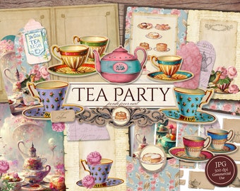 Tea Party Junk Journal Kit (Printable JPG Pages with Ephemera, Cover, Tags), Shabby Chic, Afternoon Tea, Digital Paper, Digital Download
