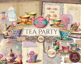 Tea Party Junk Journal Kit (Printable JPG Pages with Ephemera, Cover, Tags), Shabby Chic, Afternoon Tea, Digital Paper, Digital Download