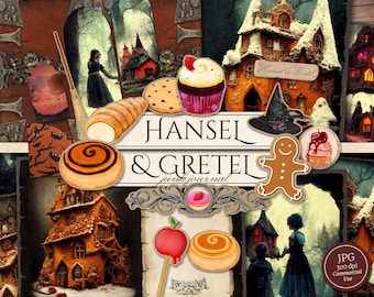 Hansel & Gretel Junk Journal Kit (Printable JPG Pages with Ephemera, Cover, Tags), Gothic Witch, Halloween Digital Paper, Digital Download