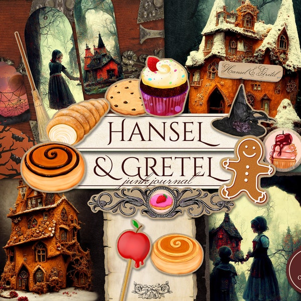 Hansel & Gretel Junk Journal Kit (Printable JPG Pages with Ephemera, Cover, Tags), Gothic Witch, Halloween Digital Paper, Digital Download