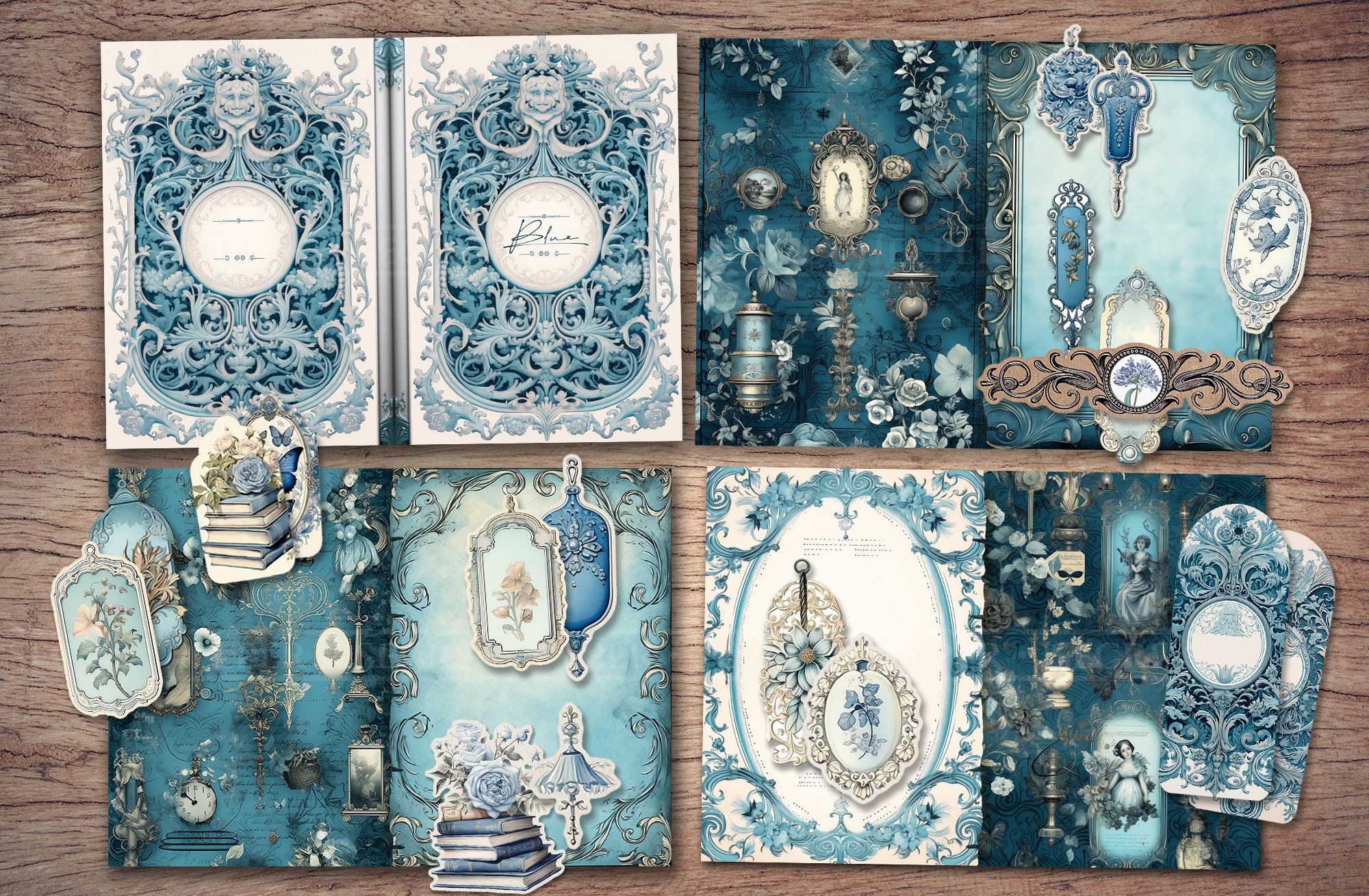 Blue Junk Journal Kit (printable JPG Pages With Ephemera, Tags ...