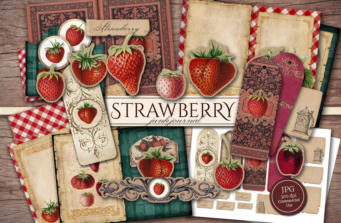 Strawberry Junk Journal Kit (printable JPG Pages With Ephemera, Cover ...