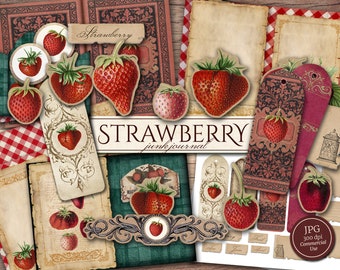 Strawberry Junk Journal Kit (afdrukbare JPG-pagina's met Ephemera, Cover, Bookmark), Receptenboek, Thee, Picknick Digitaal Papier, Digitale Download