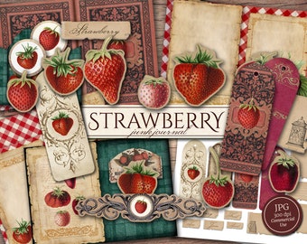 Kit de journal indésirable aux fraises (pages JPG imprimables avec éphémères, couverture, marque-page), livre de recettes, thé, pique-nique, papier numérique, téléchargement numérique