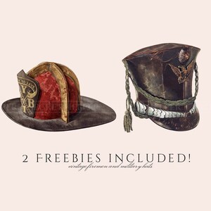 Peut inclure: Deux chapeaux vintage, l'un rouge et noir avec le texte "Fire to Save" et l'autre marron avec une bande argent&eacute;e et un embl&egrave;me d'aigle dor&eacute;.