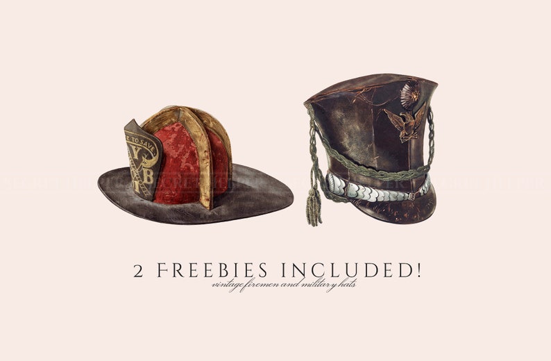 Peut inclure: Deux chapeaux vintage, l'un rouge et noir avec le texte "Fire to Save" et l'autre marron avec une bande argent&eacute;e et un embl&egrave;me d'aigle dor&eacute;.