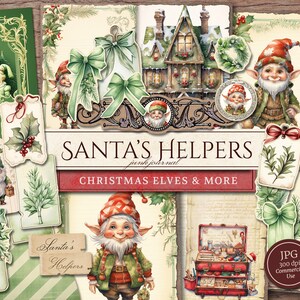 Santa's Helpers Junk Journal Kit (afdrukbare JPG-pagina's met kortstondige, tags), kerstelfen, strikken, geschenken, digitaal papier, digitale download
