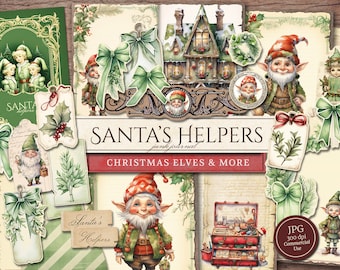 Santa's Helpers Junk Journal Kit (Printable JPG Pages with Ephemera, Tags), Christmas Elves, Bows, Gifts, Digital Paper, Digital Download