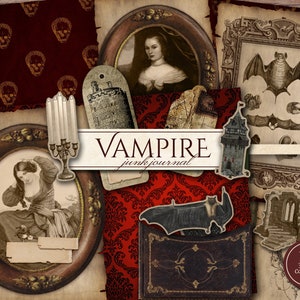 Vampire Junk Journal Kit (druckbare JPG Seiten, Ephemera, Cover, Tags, Lesezeichen), Gothic Horror, Halloween Digital Papier, digitaler Download