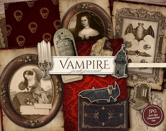 Vampire Junk Journal Kit (Printable JPG Pages, Ephemera, Cover, Tags, Bookmark), Gothic Horror, Halloween Digital Paper, Digital Download