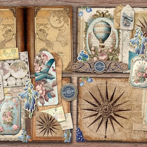 May include: Vintage travel themed scrapbook paper with images of a hot air balloon, compass, suitcases, and flowers. The paper is in shades of blue, brown, and cream.