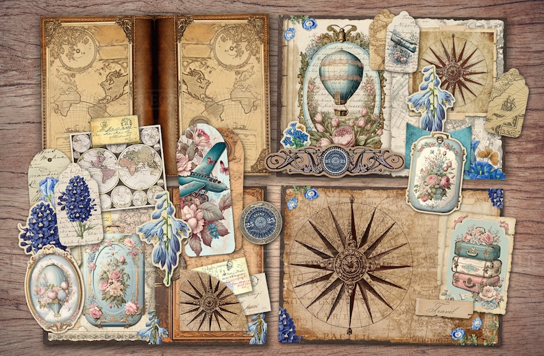 May include: Vintage travel themed scrapbook paper with images of a hot air balloon, compass, suitcases, and flowers. The paper is in shades of blue, brown, and cream.