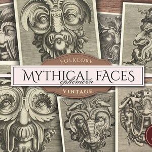 Mythical Faces, Ephemera Clipart (JPG), Mythology, Mythological, Folklore Creature, Printable Forest Spirits for Journal, Digital Download