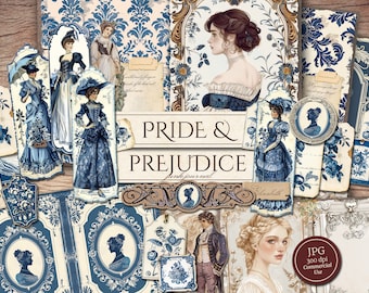 May include: A digital collage of images in blue and white tones featuring women in vintage clothing, floral patterns, and the text "Pride & Prejudice".
