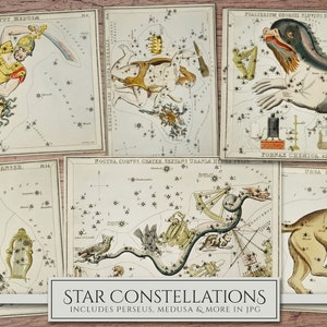 May include: A set of vintage illustrations depicting constellations, including Perseus, Medusa, and Ursa Major. The illustrations are in a classic style with detailed drawings of the constellations and their associated mythological figures. The illustrations are printed on a white background with black text.