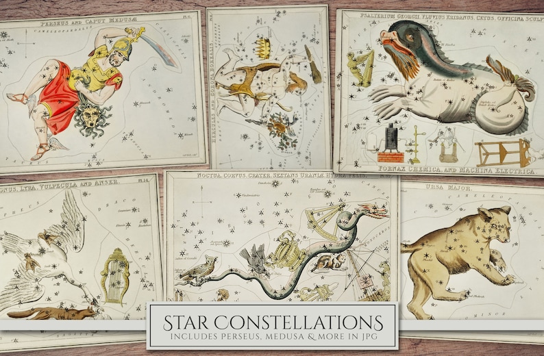 May include: A set of vintage illustrations depicting constellations, including Perseus, Medusa, and Ursa Major. The illustrations are in a classic style with detailed drawings of the constellations and their associated mythological figures. The illustrations are printed on a white background with black text.