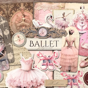 Ballet Junk Journal Kit (druckbare JPG-Seiten mit Ephemera, Tags), Schwanensee, Ballerina-Tänzerin, Kleid, Mädchen-Digitalpapier, digitaler Download