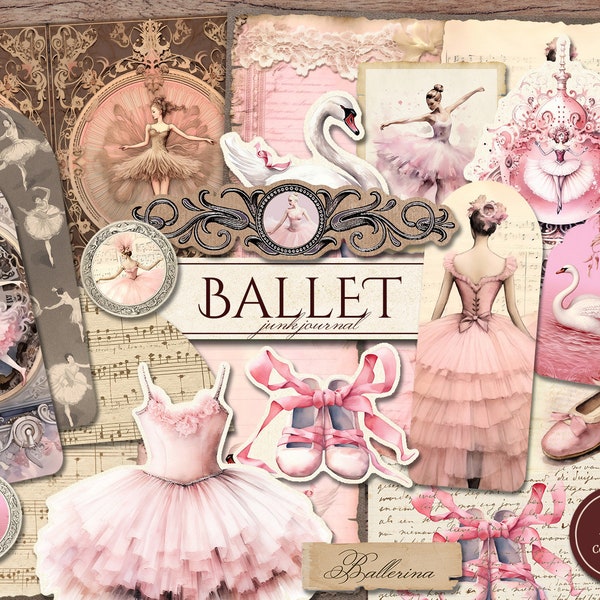 Ballet Junk Journal Kit (Printable JPG Pages with Ephemera, Tags), Swan Lake, Ballerina Dancer, Dress, Girl Digital Paper, Digital Download