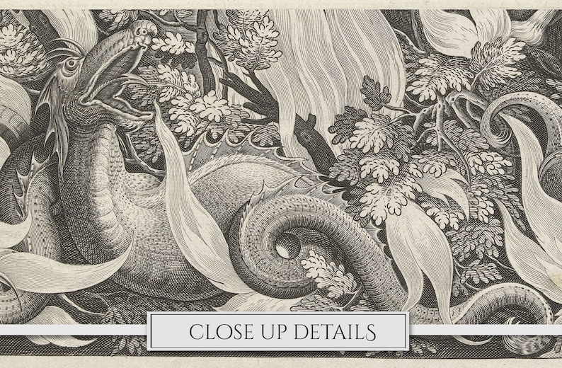 May include: A black and white engraving of a dragon with its head turned to the side and mouth open. The dragon is surrounded by foliage and vines.