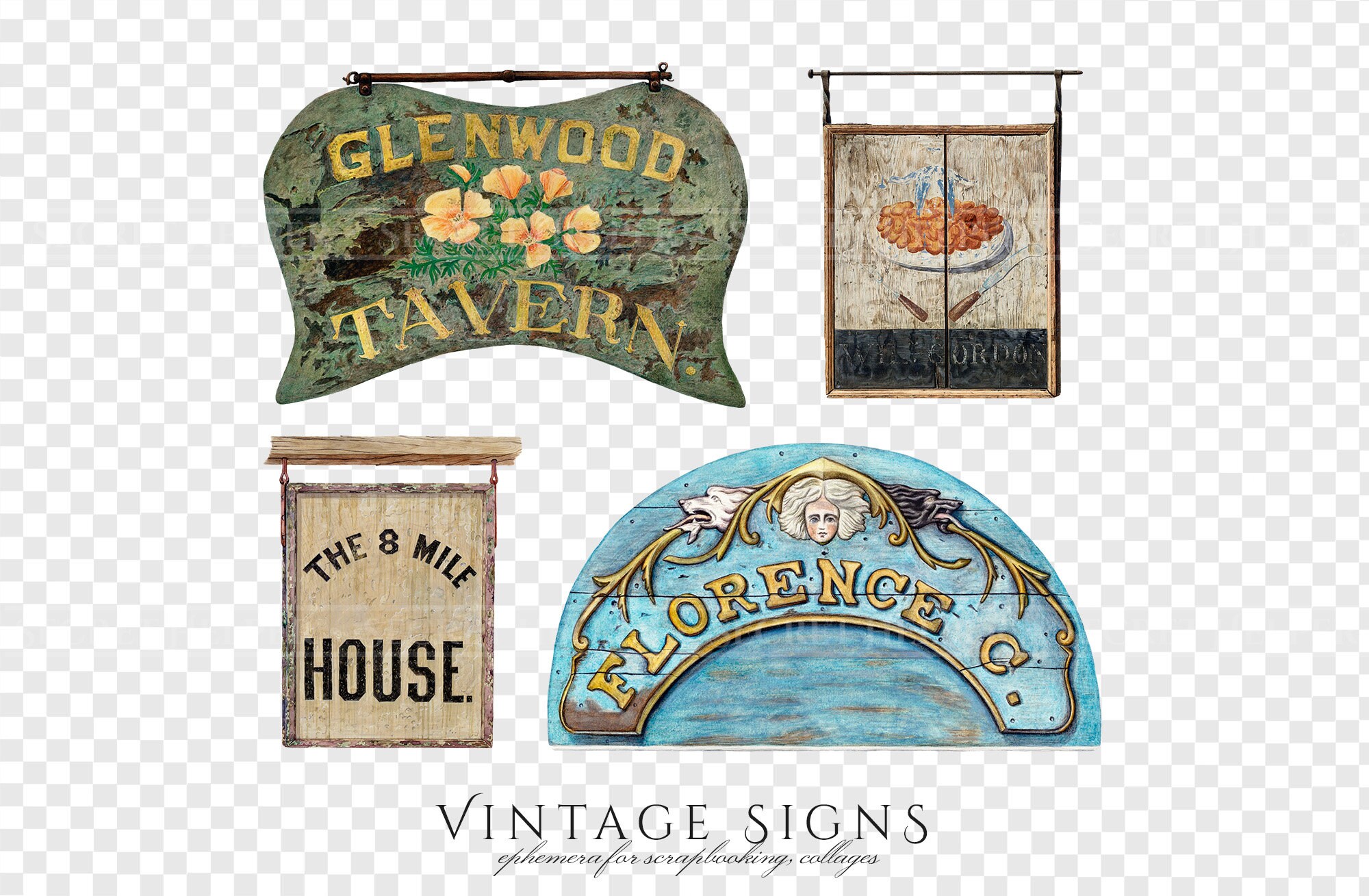Old Signs Clipart in PNG Antique Shop Illustrations Retro - Etsy