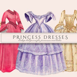 Clipart Princess Dress w PNG, Długa Suknia Balowa, Bajka, Ilustracje Vintage, Nakładki na Lalki Papierowe, Pobieranie Cyfrowe do Użytku Komercyjnego
