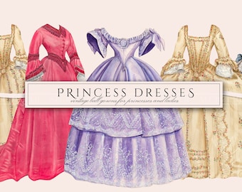 Princess Dress Clipart in PNG, Long Ball Gown, Fairy Tale, Vintage Illustrations, Paper Doll Overlays, Digital Download for Commercial Use
