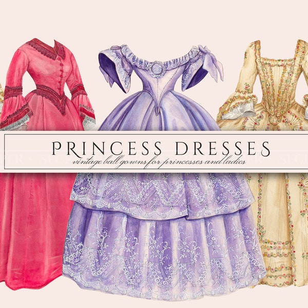 Princess Dress Clipart in PNG, Long Ball Gown, Fairy Tale, Vintage Illustrations, Paper Doll Overlays, Digital Download for Commercial Use